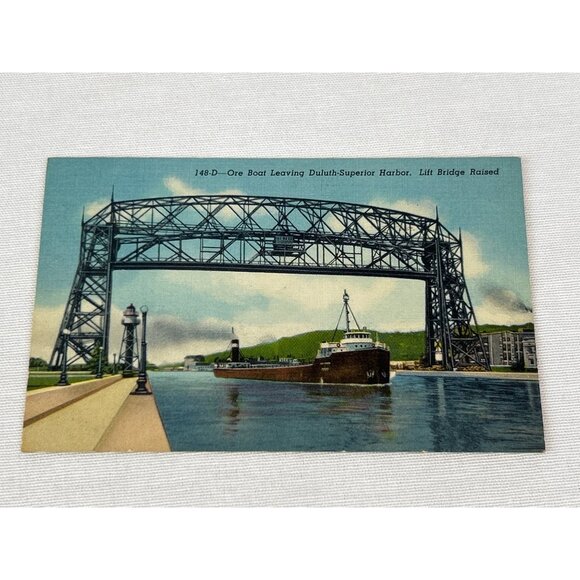 Curteich Other - Vintage 1950s Duluth-Superior Harbor Postcard Ore Boat & Lift Bridge Raised